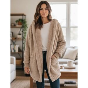 Hem & Thread Cozy Sherpa Fleece Open Front Hooded Cardigan Beige One Size